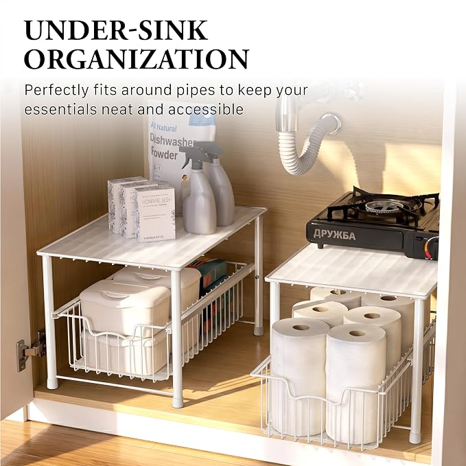 Simple Houseware Wired Stackable Under Sink Cabinet Sliding Basket, White | Free Standing Organizer Drawer, Kitchen/Pantry/Cabinet/Counter