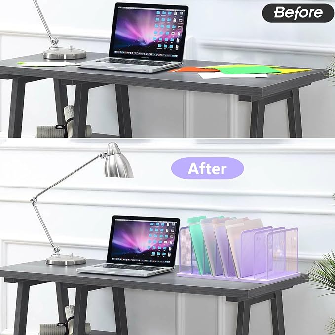 Kuntine.B 7-Section Upright Desk File Organizer Purple 1 Pack | Vertical, Mesh, Metal, Assembly, Stability, Sturdiness, Organization, Standing