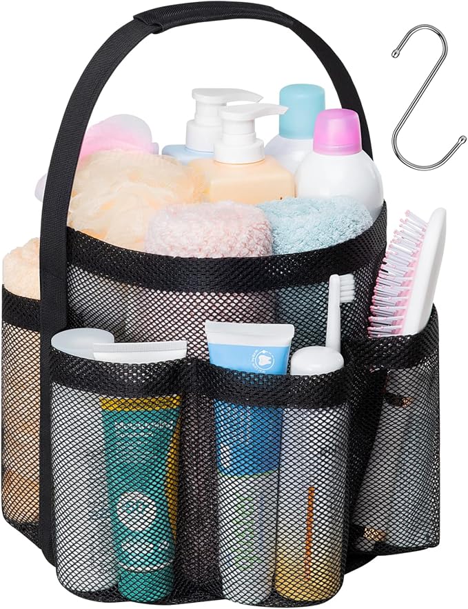 Mesh Shower Caddy Portable - 7 Pockets Large Shower Bag for Dorm, Camping | S-Hook, Quick-Dry, Hanging Toiletry Organizer, College Dorm Room Essentials for Girls, Gym, Travel & Bathroom, Black