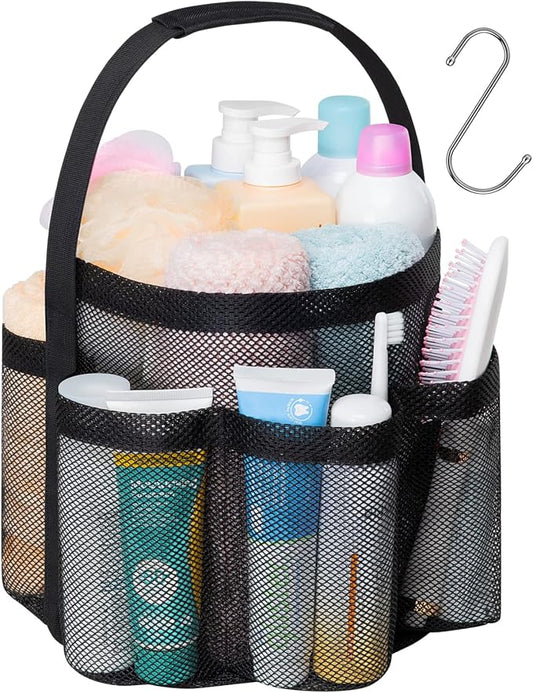 Mesh Shower Caddy Portable - 7 Pockets Large Shower Bag for Dorm, Camping | S-Hook, Quick-Dry, Hanging Toiletry Organizer, College Dorm Room Essentials for Girls, Gym, Travel & Bathroom, Black