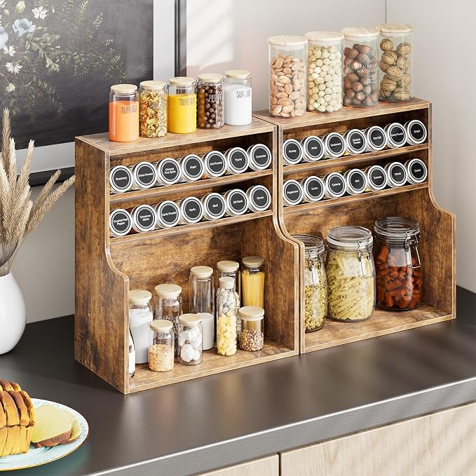 Simple Trending Spice Rack Organizer, 3 Tire Wood Kitchen Counter Spice Rack, Large Counter Seasoning Organizer Storage Shelf for Pantry, Kitchen, 7” W × 14.3” H, Brown