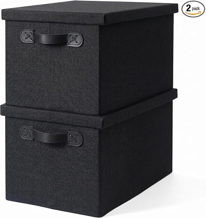 Fabric Storage Bins with Lids, Heavy Duty Collapsible Organizer Bins for Shelves, Stackable Closet Woven Baskets with Handles, 25L Rectangle Boxes for Bedroom Office, Cube Home Decor (Black 2 Pack)