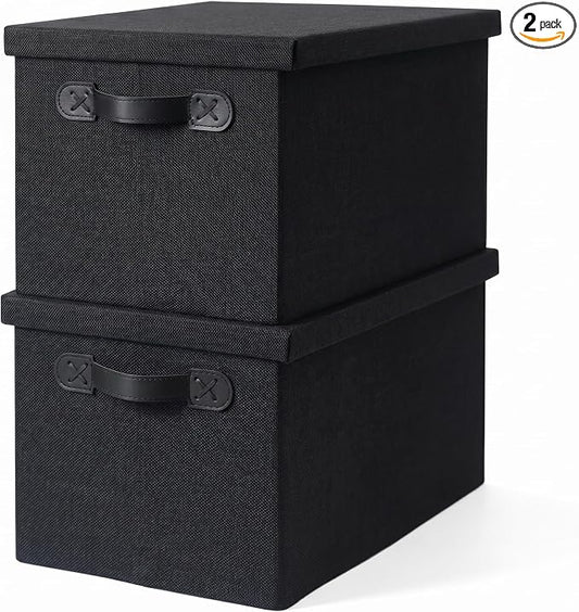 Fabric Storage Bins with Lids, Heavy Duty Collapsible Organizer Bins for Shelves, Stackable Closet Woven Baskets with Handles, 25L Rectangle Boxes for Bedroom Office, Cube Home Decor (Black 2 Pack)