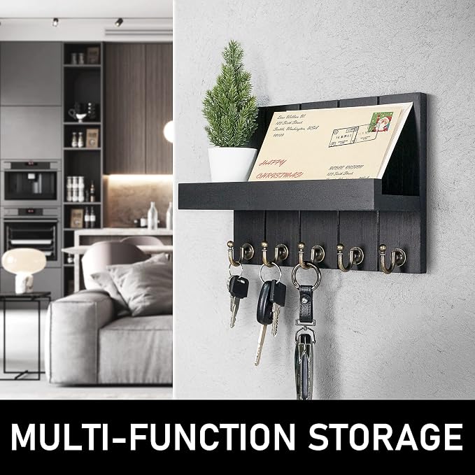 Rebee Vision Key Holder Wall Mount with Shelf &Hooks for Living Room, Black | 3.54" x 10"x 7.28", 5 Key Hooks, Floating Shelf, Display Plant, Key Holder for Wall, Apartment Essential