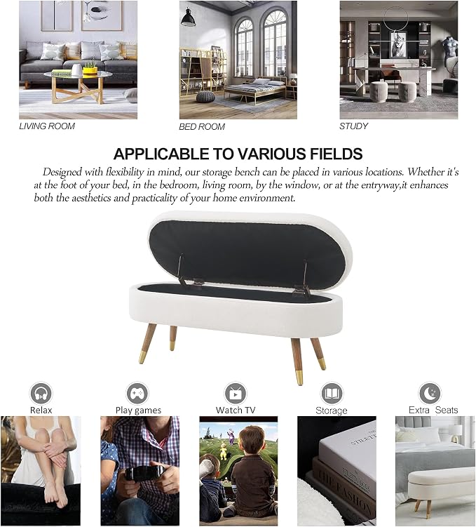 IAFIKE Oval Storage Bench 43.5" Ottoman Bench Upholstered Boucle Fabric Footrest Bench with Golden Metal Legs End of Bed for Bedroom, Living Room, Entryway,Bed Side (Ivory)