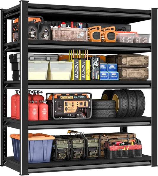 5-Tier Garage Shelving Heavy Duty,48”W x 24”D x 78”H Metal Shelving Unit，2800 lbs Weight Capacity Adjustable Storage Shelves for Retiple Tanks, Pantry, Garage，Black (Black, 5-Ter,48”W x 24”D x 78”H)