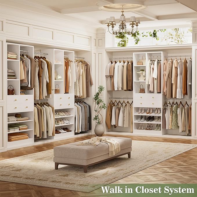 Besiost Closet System, Up to 134"/11.2 FT Closet Organizer with 4 Wooden Drawers and Shelves, Walk-in Closet System with 6 Hanging Rods, Built-in Closet Can Fit 96"/8FT, 120"/10FT, White Set 2