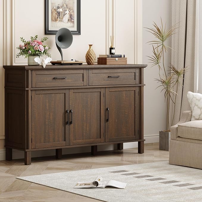 55 Inch Buffet Cabinet with Storage, Farmhouse Sideboard Buffet w/2 Drawers and 3 Doors, Wood Coffee Bar Cabinet with Adjustable Shelves, Sideboard Storage for Kitchen, Living Room, Brown