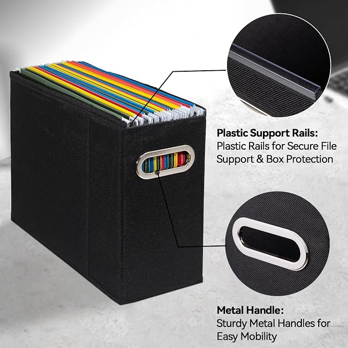 8 Packs Letter Size File Organizer, File Folders Organizer, Fabric Storage Box, Collapsible Paper Organizer with Metal Handle, Smooth PVC Rails, Only Box (Black)