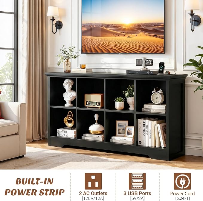 Aheaplus Wooden 8-Cube Storage Organizer with Charging Ports, Modern Cube Bookcase with Base, 3-Tier Floor Standing Open Cubbies Bookshelf, Cubicle Display Shelf for Home and Office, Black