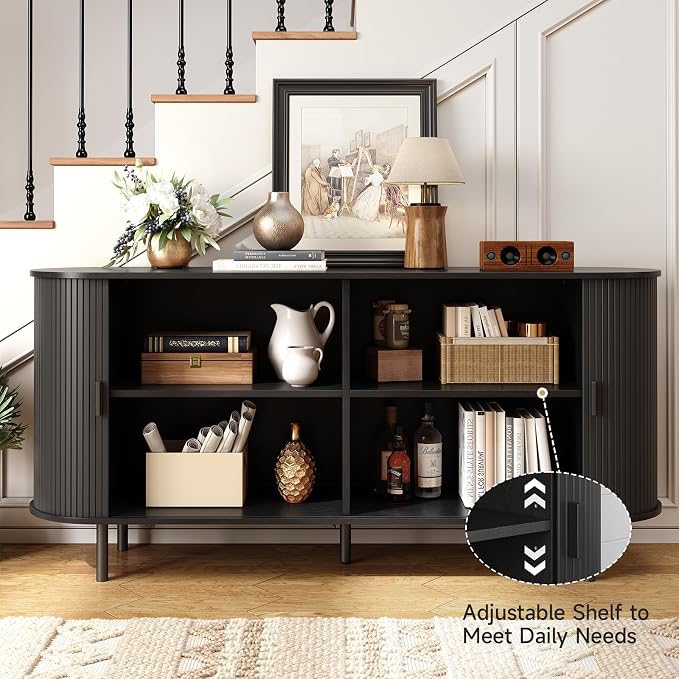 63" Sideboard Buffet Cabinet with Storage, Storage Cabinet with Sliding Door & Adjustable Shelf, Modern Accent Coffee Bar Console Table for Kitchen, Entryway, Black