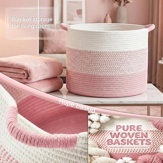 Artfeel 70L Large Cotton Rope Basket, Decorative Woven Blanket Storage for Living Room, Boho Toy Storage & Toy Box for Kids, Versatile Laundry Basket & Nursery Hamper for Blankets(Pink)