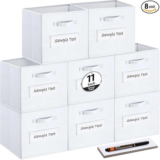 Fabric storage cubes (Set of 8) 11 Inch Cube Storage Bin, Cube storage with 8 Labels Window Cards & a Pen, Foldable cube Organizer bins,11x11 Storage bin, Cubby Organizer Boxes, White