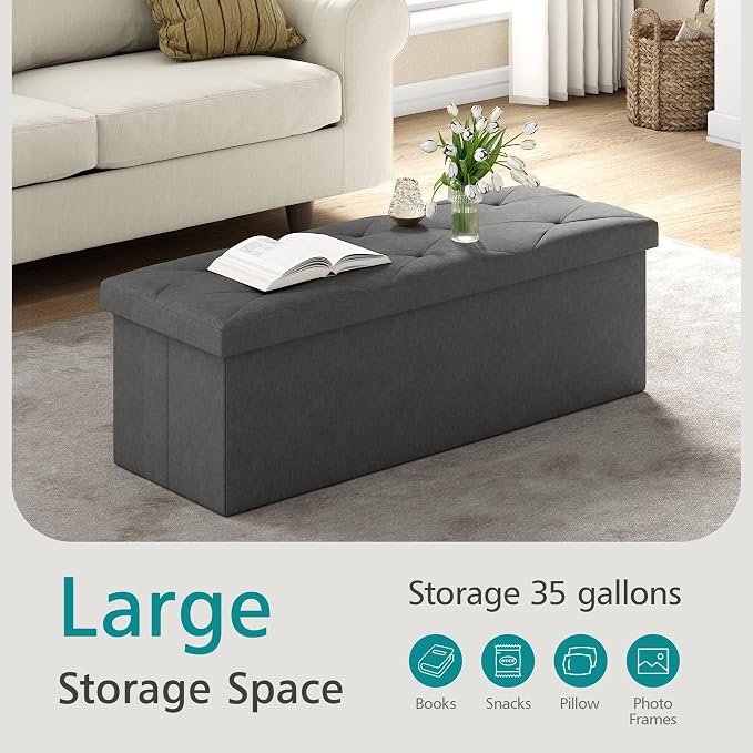VECELO 43'' Folding Storage Ottoman Bench, Storage Chest, Linen Fabric Foot Rest Stool, 158L Storage Footstools for Bedroom and Living Room, Holds up to 660 lbs, DGray