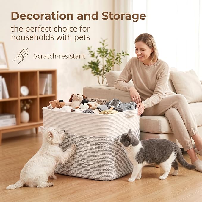 OIASKET 108L Cotton Rope Storage Basket for Living Room and Bedroom 25"x16"x16" Woven Laundry Basket, Heavy Duty Bin for Blankets, Pillows & Toys, Pet-Safe & Scratch-Free, Black and White
