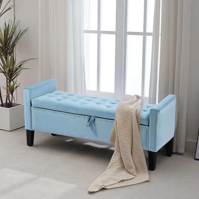 Velvet Storage Ottoman Bench, 46'' Upholstered Button Tufted End of Bed Bench, Modern Entryway Ottoman Bench with Arms, Light Blue