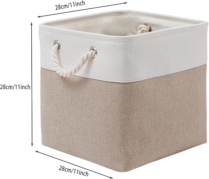 MidmmVick 11 x 11 Inch Cube Storage Bins, 6 Pack Large Collapsible Fabric Storage Bin with Ropes, Foldable Storage Cubes for Home, Office,Closet, Clothes, Toys Organizer (White & Beige-11"x11"x11")