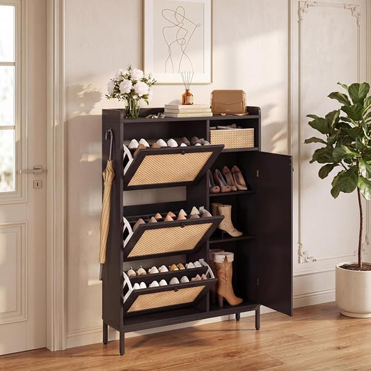 Garvee Shoe Cabinet with 3 Flip Drawers and 4-Tier Shoe Storage Cabinet, Freestanding Shoe Organizer with Adjustable Shelf and Rattan Doors for Entryway, Closet, Hallway