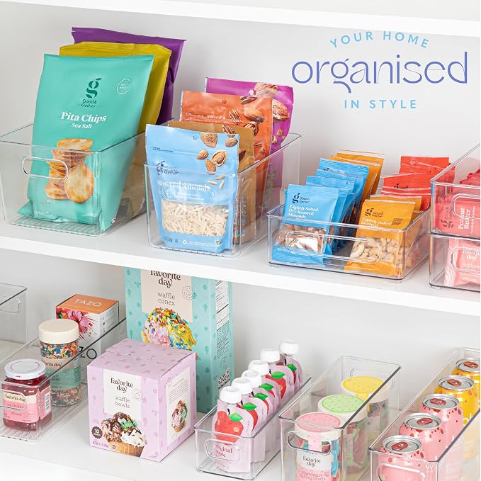 Plastic Food Storage 8 Pack Clear Container Bin with Handles for Organizing Kitchen, Pantry, Fridge, Freezer, Pantry,Bathroom. 10"x6"x5"
