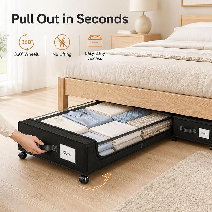 Camkey® Under Bed Storage with 360° Wheels, 2-Pack, 60L Low-Profile Rolling Underbed Bins for Clothes, Shoes, Toys & Books,Easy Pull-Out, Dust Protection, Space-Saving Organizer for Bedroom/Dorm,Black