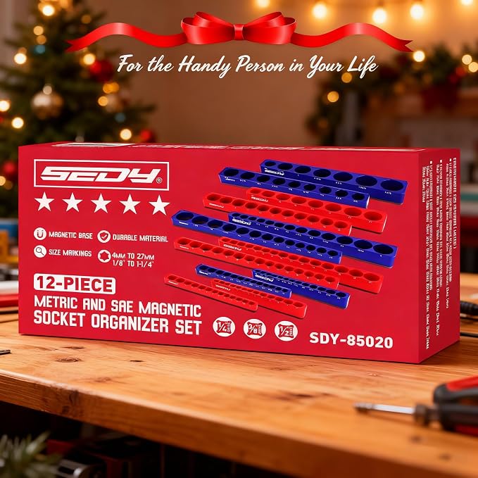 SEDY 12-Piece 1/4" 3/8" 1/2"-Drive SAE & Metric Magnetic Socket Organizer Set (Holds 143 Sockets) -Detachable Tool Tray with 5mm Magnetic Base for Garage/Home(Sockets Not Included)