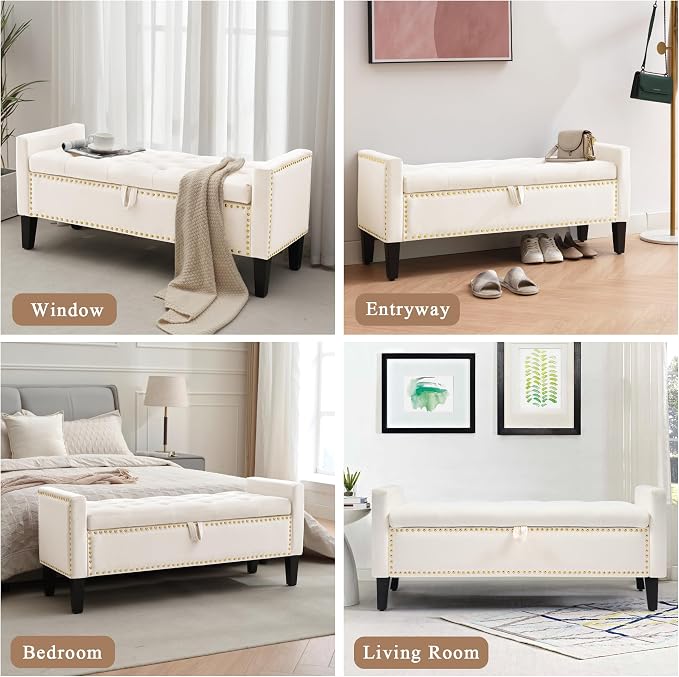 Velvet Storage Ottoman Bench, 46'' Upholstered Button Tufted End of Bed Bench, Modern Entryway Ottoman Bench with Arms, Beige