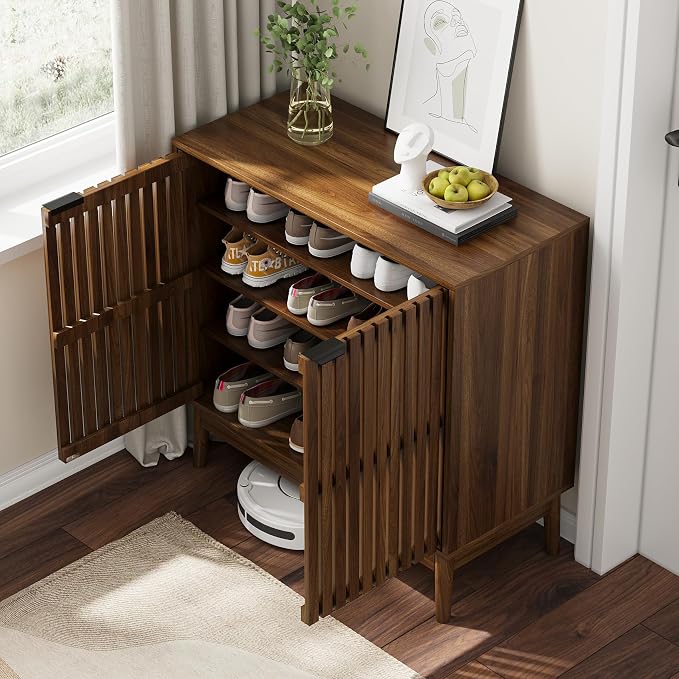 Kiasthome Shoe Storage Cabinet with Ventilated Slatted Doors, Wooden Shoe Organizer, Shoes Rack for Entryway, Hallway, Living Room