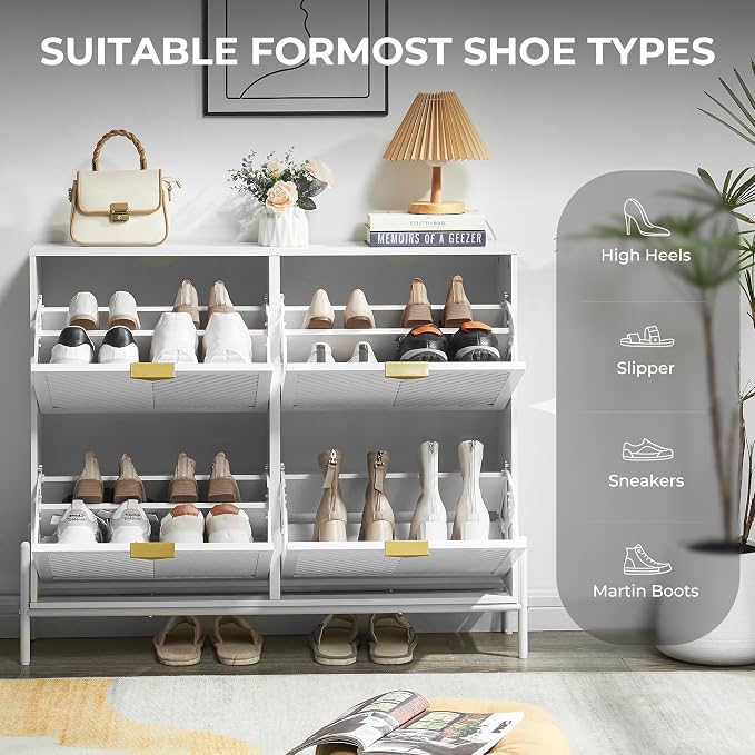 Shoe Cabinet with 4 Flip Drawers, Narrow Entryway Rack, White | Slanted Wood Grain, Freestanding, Adjustable Compartments, Removable Middle Shelf, Metal Handles, for Hallway Foyer Entrance