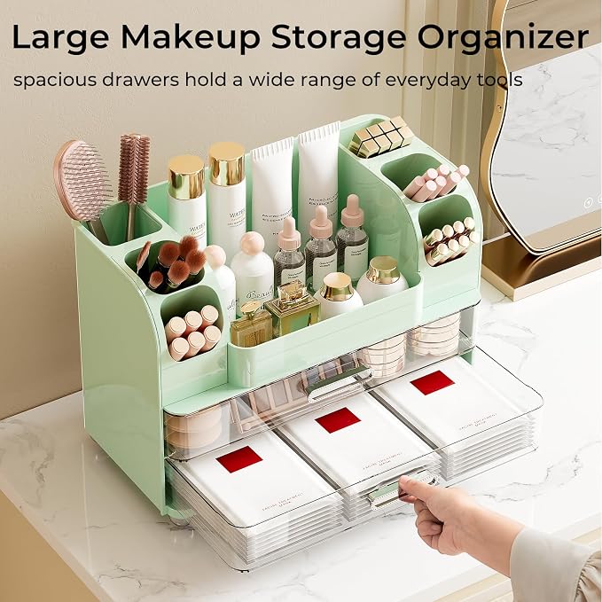 UFORU Makeup Organizer Countertop with 2 Large Drawers for Vanity Bathroom | Brush Holder, Large Capacity, Thickened Plastic, Compact Footprint, Space-Saving Design, Easy Clean, Ideal for Dorm Rooms