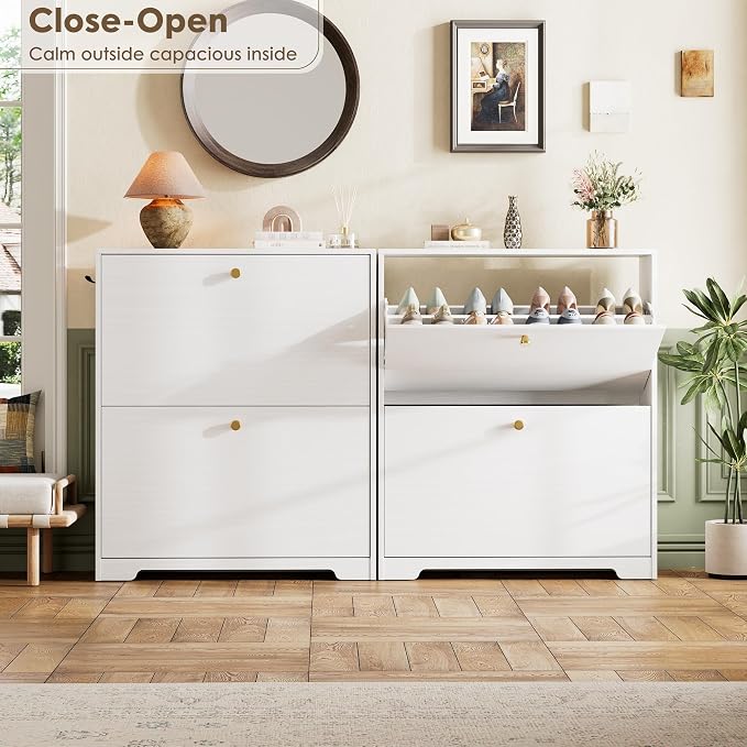 Nicetree Shoe Cabinet with 2 Flip Drawers, Narrow Shoe Organizer Cabinet, Freestanding Shoe Rack Cabinet, Modern Shoe Storage Cabinet for Entryway, Hallway, Foyer, White