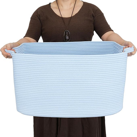 XUANGUO Large Rectangle Woven Cotton Rope Blanket Basket 22"x17"x12" Blue | Storage basket for living room; toy basket for kids, dog toy storage, laundry basket for clothes and towels, or gift basket.