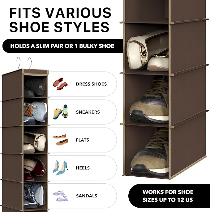 Simple Houseware 10 Shelves Closet Hanging Shoe Organizer, Brown | Dual Metal Hooks, Holds Up to 20 lbs, for Narrow Space