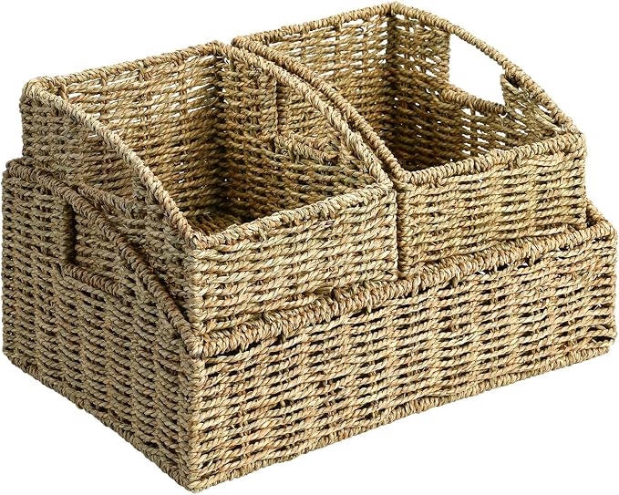Pantry Baskets Organization, Wicker Storage Basket Green | Handwoven Pantry Organizers and Storage with Built-in Handles, Laundryroom Organization Storage Bins for Snack Cans