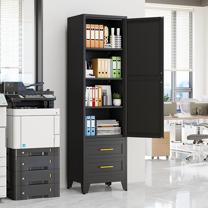 Tall Metal Narrow Storage Cabinet 67" H with 2 Drawer, Black Pantry Cabinets with 3 Adjustable Shelves and Door,Tall Bathroom Cabinet for Kitchen, Home Office, Living Room, Dining Room