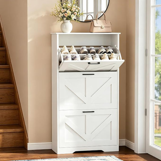 Homleke Farmhouse Shoe Cabinet for Entryway, 3 Barn-Style Flip Drawers | Narrow Shoe Storage Organizer, Top Display Shelf, Adjustable Shelves, Shoe Rack, for Hallway Closet, 24" Wide, White