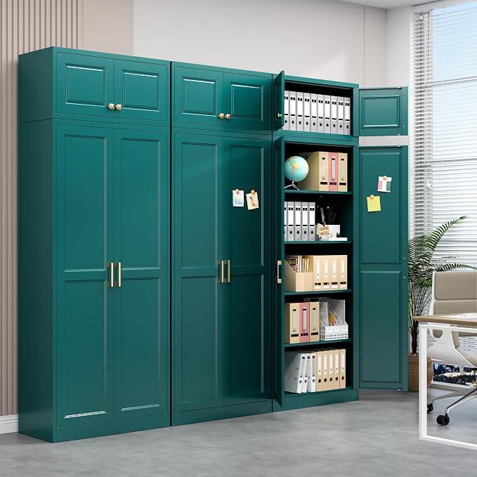 Polup 86" Tall Metal Kitchen Pantry Storage Cabinet with Doors and Shelves | Heavy-Duty Green Cabinet, 4 Adjustable Shelving, Gold Handles, Magnetic Latch, for Dining Living Room, Bathroom & Garage