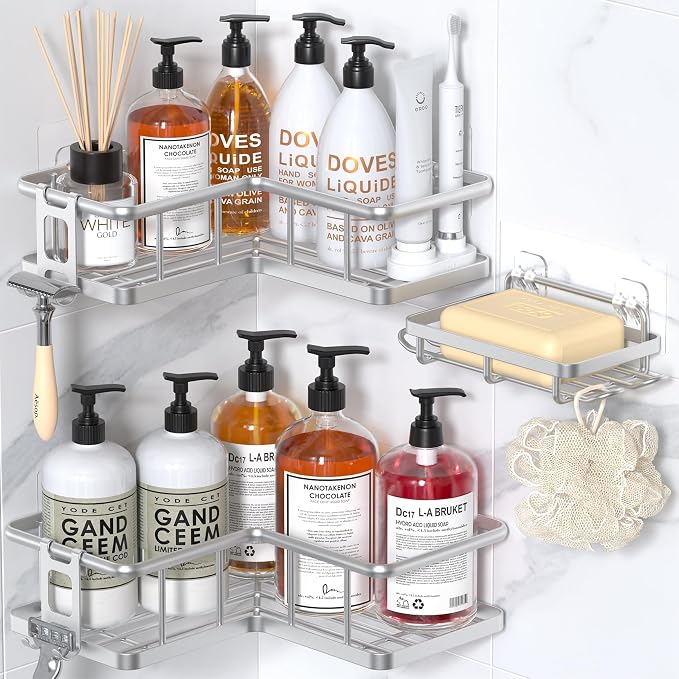 YASONIC Corner Shower Caddy Organizer, Self-Adhesive Rustproof Bath Shelves with Soap Holder & 4 Hooks, Large Capacity Shower Storage Rack for Bathroom Organization, (3Pack, Silver)