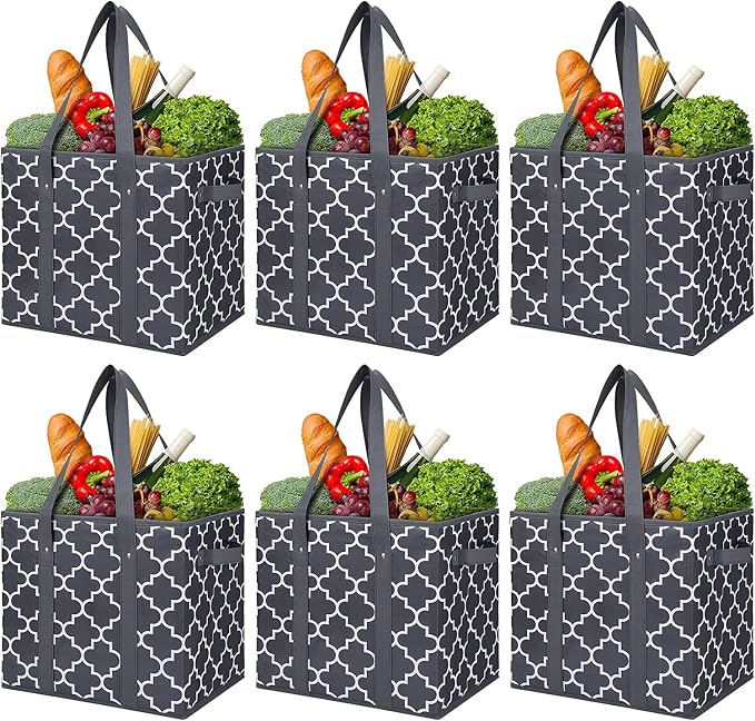 WISELIFE Reusable Grocery Bags 6-Pack Foldable Washable Large Storage Bins Basket Water Resistant Shopping Tote Bag Dark Grey