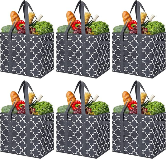 WISELIFE Reusable Grocery Bags 6-Pack Foldable Washable Large Storage Bins Basket Water Resistant Shopping Tote Bag Dark Grey