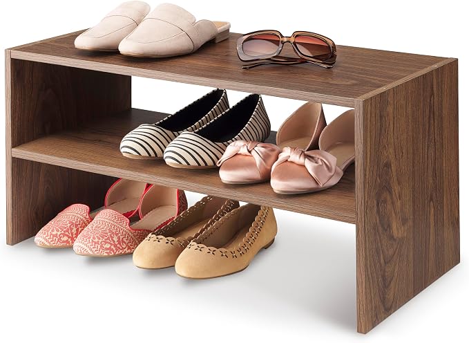 Whitmor Wood Stackable 2-Shelf Shoe Rack, Walnut, 24 inches，2 Pack