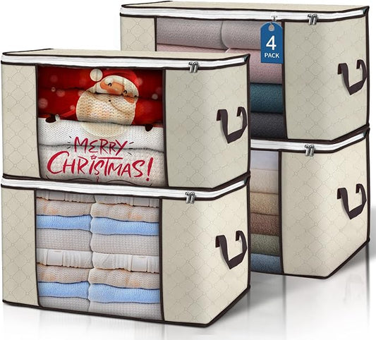 90L Large Storage Bags, 4 Pack Clothes Storage Bins Closet Organizers | Foldable Storage Containers, with Reinforced Handle, for Clothing, Blanket, Comforters, Bed Sheets, Pillows and Toys,Beige