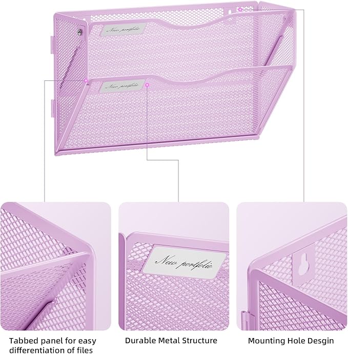 Marbrasse Wall File Holder 2-Tier Hanging Wall File Organizer, Mesh Mail Holder for Papers, Wall Mount File Clipboard & Magazine Organizer Great for Office Home - 2P(Purple)