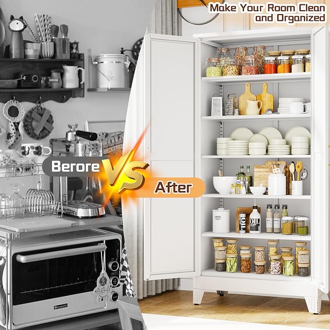 PAOFIN 75" Metal Kitchen Pantry Cabinet,White Storage Cabinet with Doors and 5 Adjustable Shelves, Cabinet with 2 Metal Handles,Tall Cabinet for Livingroom,Pantry, Bathroom,Kitchen