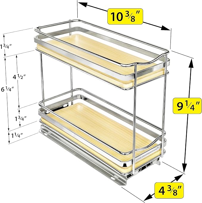 LYNK PROFESSIONAL® Élite™ Pull Out Spice Organization for Cabinets - 4-3/8 inch Wide – Spice Rack for Inside Cabinets – Wood/Chrome - Sliding Spice Rack Organizer for cabinet – Spice Rack - 2 Tier