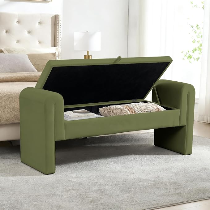 Modern Velvet Bench for Bedroom End of Bed, 60.5" Upholstered Rolled Armed Button Tufted Stool Bench with Storage, Sofa Ottoman Long Bench with 2 Pillows for Entryway/Bedroom, Green