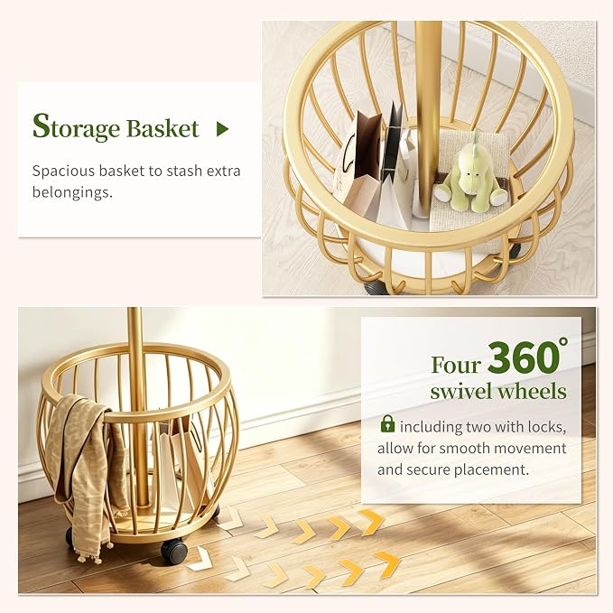 Coat Rack Freestanding Coat Stand with Basket 6 Hooks Wheels,Gold | Metal Coat Rack Stand Coat Tree for Home Entryway Bedroom Living Room Office Corner Modern Organizer for Scarf Jacket Hat Bag