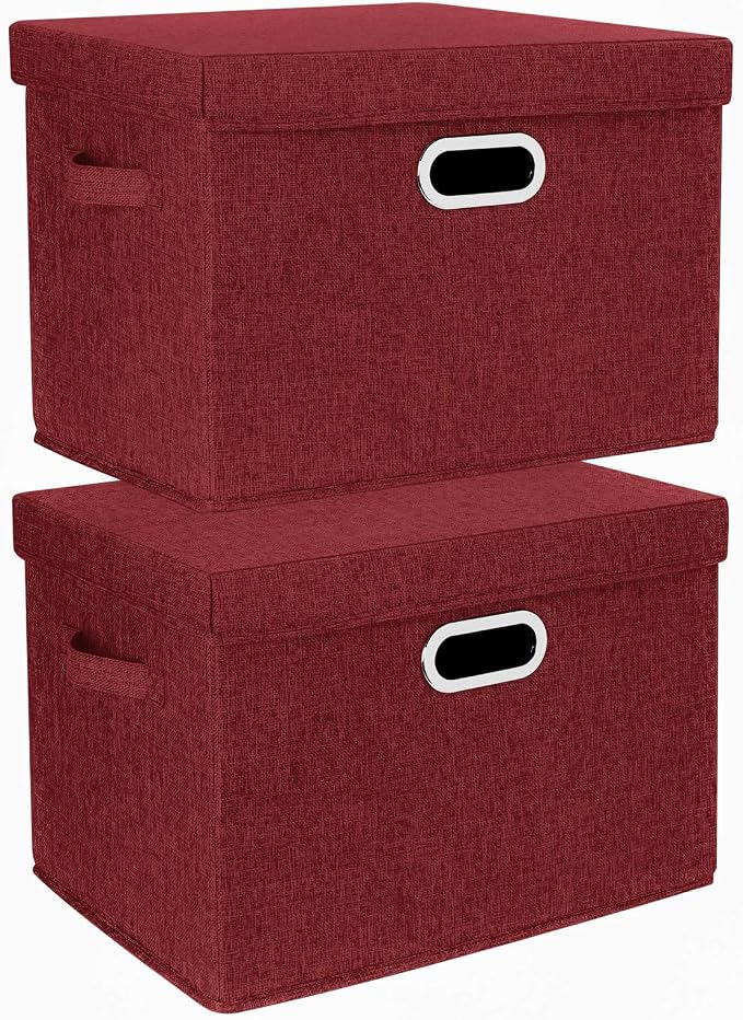 Collapsible Storage Bins With Lids, Large Fabric Storage Boxes - 2 Pack - Red Wine