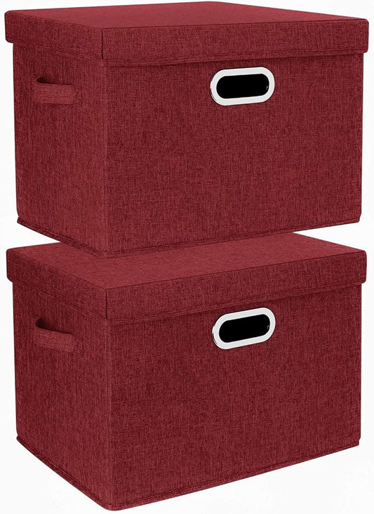 Collapsible Storage Bins With Lids, Large Fabric Storage Boxes - 2 Pack - Red Wine