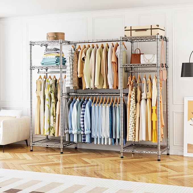 Ulif E7 Heavy Duty Closet Garment Rack, Clothes Storage Organizer System | Metal Freestanding Clothing Racks with 2 Extendable Rods and 6 Shelves, Portable Wardrobe Closets for Holding 838lbs, Chrome