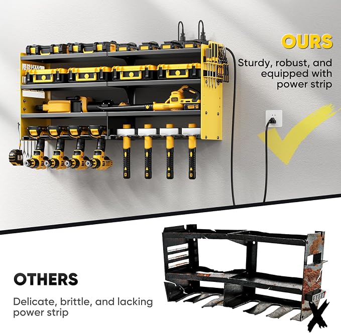 POKIPO Large Power Tool Organizer Wall Mount with Charging Station,4 Layer Heavy Duty Metal Storage Rack Loads 600lbs with 8 Cordless Drill Holder,Battery Utility Rack Gift for Garage workshops Room